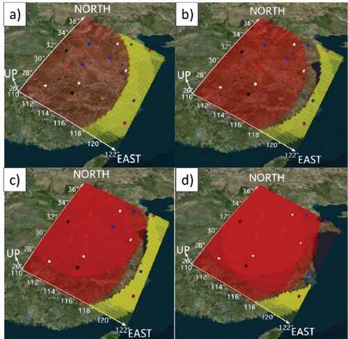 Figure 6. Airspace situation with different numbers of emergency airports (Level 11). In the figure, the yellow grid represents the coverage area of the original airport. The darker the color is, the higher the coverage level of the area. The red grid represents the emergency airport and its coverage. (a), (b), (c), and (d) represent the site selections formed by adding 1–4 emergency airports.