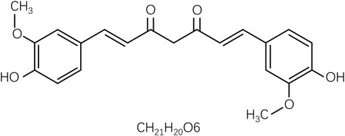 Figure 1 The chemical structure of curcumin. MW: 358.385, BP: 591.4°C, MP: 183°C, density (g/m3, 25/4°C): 0.93.