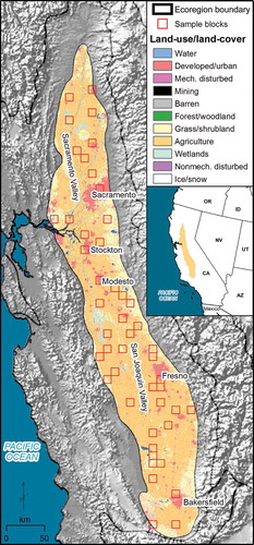 Figure 1. Sample data consist of 48 sample blocks randomly distributed throughout the Central California Valley Level III ecoregion (US Environmental Protection Agency, 1999)). Land-use/land-cover data are from the 2006 National Land Cover Data set (Fry et al., Citation2011) (mech. is mechanically, nonmech. is nonmechanically). The samples used in the current analysis are the same samples examined by Sleeter (Citation2008). Projection is Albers Conical Equal Area.