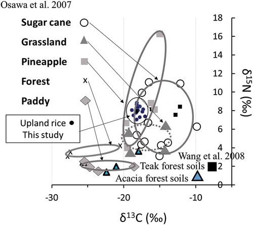 Figure 6. Stable isotope ratio of soil organic matter in Uganda upland rice soil to compare with other ecosystems.