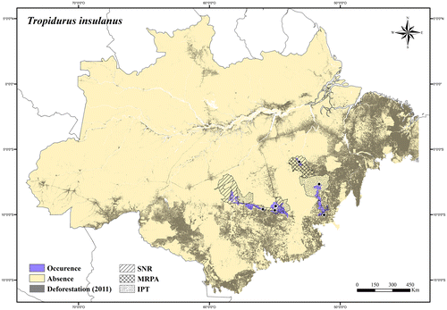 Figure 124. Occurrence area and records of Tropidurus insulanus in the Brazilian Amazonia, showing the overlap with protected and deforested areas.