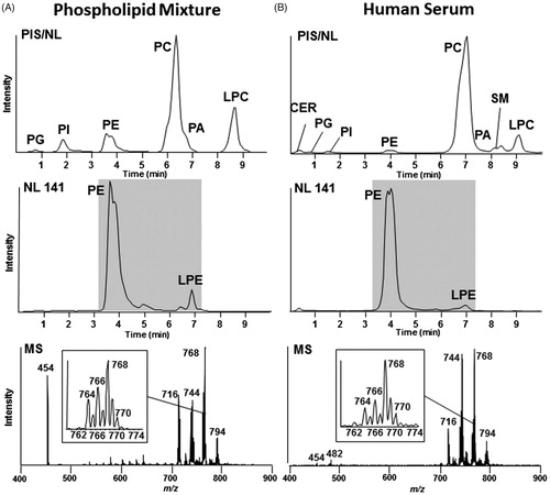 Figure 9. Separation of PL classes by HILIC-UPLC. Multiplex analysis of mixture of PL class standards (A) and human serum (B) using PIS and NLS in positive and negative ion mode. Top panel shows HILIC chromatographic separation and mass spectrometric detection of PL classes by either precursor m/z 184, 241, and 264 or neutral loss m/z 141, 172, 185, and 98. Middle panel shows NLS m/z 141 in positive ion mode specific for PE and LPE. Bottom panel shows summed mass spectral (MS) data from NLS m/z 141 in positive ion mode shown indicated in grey above. Inset: magnification from m/z 762 to m/z 774. PG: phosphatidylglycerol; PI: phosphatidylinositol; PE: phosphatidylethanolamine; LPE: 1-lysophosphatidylethanolamine; PC: phosphatidylcholine; PA: phosphatidic acid; SM: sphingomyelin; LPC: lysophosphatidylcholine. Reprinted with permission from [Citation150].