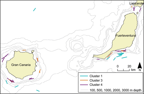 Figure 5.  Epipelagic and oceanic tows around Gran Canaria and Fuerteventura, indicating their affiliation to clusters in classification (Figure 3) and ordination (Figure 4).