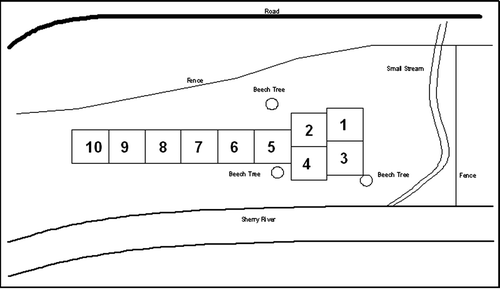Figure 1  Sherry River trial site layout. Locations of replicated plots are indicated by numbers 1–10.