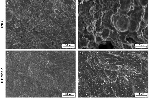 Figure 7. SEM images of shot-peened and etched (a, b) TNTZ alloy and (c, d) Ti Grade 2 SE_2.5 samples.