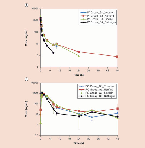 Figure 4. Comparison of mean (± SD, n = 4; n = 3 for Göttingen) pharmacokinetics parameters. (A) Comparison of mean plasma clearance of (+)-(R)-VER and (−)-(S)-VER across four strains of minipig after intravenous administration of R,S-VER at 0.2 mg/kg. aSinclair compared with other strains, p < 0.05, Dunnett’s test, n = 4. (B) Comparison of mean AUC0–48h ratio of (+)-(R)-NOR or (−)-(S)-NOR to their respective parent enantiomers after oral administration of R,S-VER at 2 mg/kg in various minipig strains.