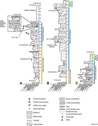 Figure 20. Lithologs for the Sheehan Tillite Member and relationships with the older part of the Cadna-owie Formation and the younger Marree Subgroup. A is the type section, B reference section at Parabarana Hill and C reference section at Gunpowder Bore.