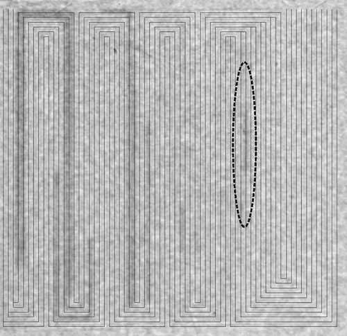 Figure 3. Through-plane radiogram recorded at operating conditions as listed in Table 1 and at a mean current density of 200 mA/cm (200 mA total cell current). The black lines indicate the centre of the micro-channels and the dark areas represent regions with condensed water. The gas inlets are situated at the top right and the gas outlets at the top left. T = 323 K, relative humidity (RH) = 80%, gas stoichiometries: , .