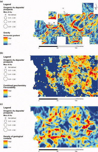 Figure 4 (a) Gravity gradient calculated from the regional gravimetric survey with a point density of 1 point/km2. Missing data in the gravity gradient are dealt with as zero weight in weights-of-evidence and area weighted mean value in logistic regression. (b) Combined till geochemistry (Au, As, Cu, Fe, Ni and Te) indicating the favourable areas for gold mineralisation. (c) Density of the contacts between geological units.