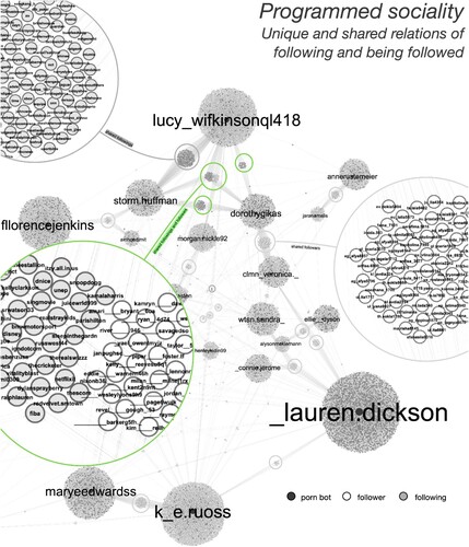 Figure 4. Gephi network analysis of porn bot followers (white nodes) and followings (grey nodes) showing individual and shared affiliations. Porn bot accounts are shaded black.