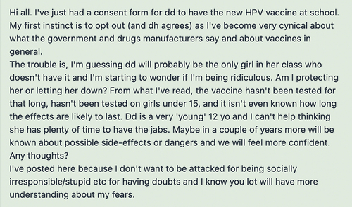 Figure 1. Example of an undecided original post asking for input on HPV vaccination.