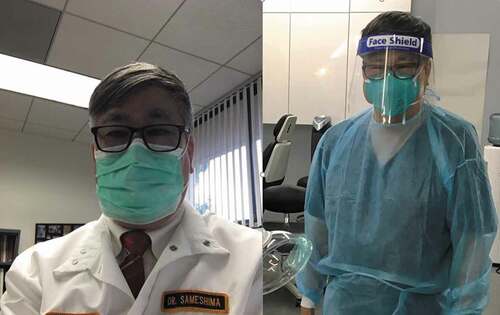 Figure 4. Left: Pre COVID. Right: Present day. Personal protective equipment currently required for all patients. Note surgical scrubs, face shield, N95 respirator, disposable gown. Not pictured: Surgical bonnet, booties, gloves. It is likely that this complete kit will only be required for AGDP when pandemic conditions return to normal