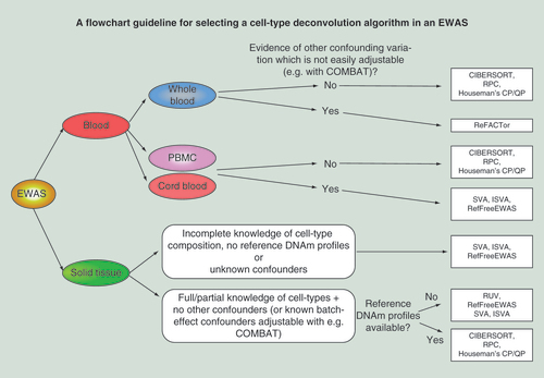 Figure 2.  Guideline flowchart for selecting optimal cell-type deconvolution method.Recommended guideline for selecting an optimal algorithm for cell-type deconvolution in an EWAS. In the final column, within each box, recommended algorithms have been ordered in order of preference.COMBAT: Combatting Batch Effects; CP: Constrained projection; DNAm: DNA methylation; EWAS: Epigenome-wide association studies; ISVA: Independent surrogate variable analysis; QP: Quadratic programming; RPC: Robust partial correlation; RUV: Removing unwanted variation; SVA: Surrogate variable analysis.