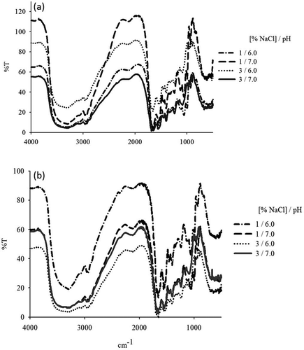 FIGURE 3 Effect of pH and NaCl concentration on the IR spectra of (a) sols and (b) gels.