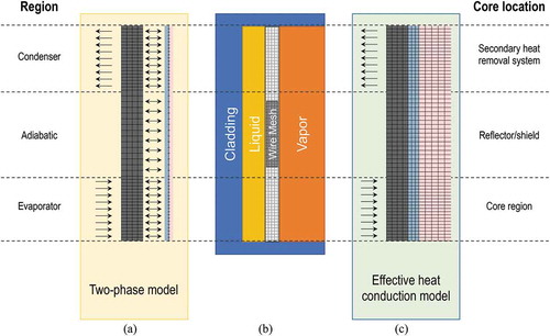 Fig. 5. Illustration of Sockeye modeling options showing (b) a heat pipe schematic, (a) the 1-D flow model coupled to 2-D–RZ heat conduction, and (c) 2-D–RZ effective heat conduction model. The arrows indicate the direction of flux coupling