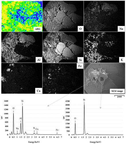 Figure 10. The elemental distribution and X-ray spectra of a cross section of particle No. 8.