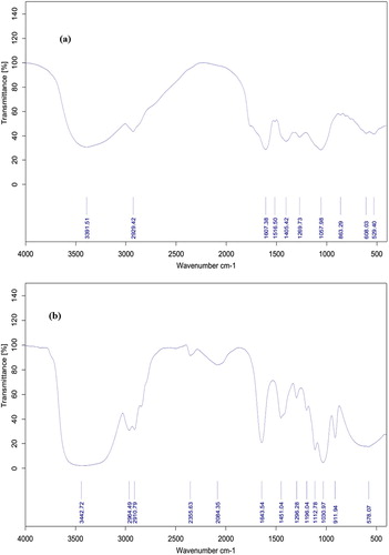 Figure 1. (a) The FTIR spectrum of Eucalyptus extract and (b) FTIR spectrum of nanocapsule (F4) loaded with Eucalyptus extract.