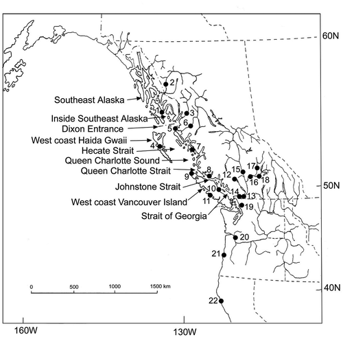 Figure 1. Map showing the locations of the 22 stocks of Coho Salmon identified in the study as well as the marine sampling regions. Stock names are listed in Table S.3. Queen Charlotte Strait and Johnstone Strait were combined as a single region, as were Hecate Strait and Dixon Entrance, providing a total of eight marine sampling regions for our analysis.