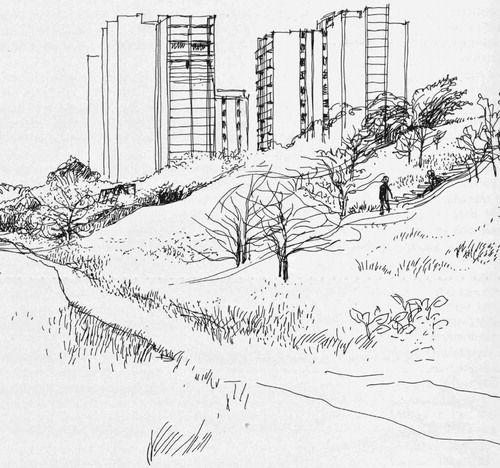 Figure 2. Illustration from the 1970 Public Inquiry on the outdoor environment of children, showing a characteristic blending of modernist housing, pastoral landscapes and everyday leisure pursuits. Source: Kungliga biblioteket.