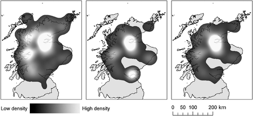 Figure 3. Highlands using density surfaces generated with a value of 1 for each unique point(a), a value according to term frequency (b), and a value of the document frequency (c).