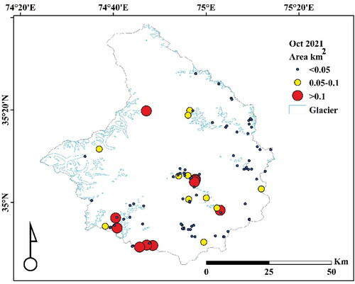 Figure 10. Lakes with area < 0.1 km2 are in blue, area 0.1–0.2 km2 in yellow, and lakes with area > 0.2 km2 are in red observed in Oct 2021.