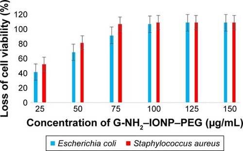 Figure 10 Results of antimicrobial activity of G-NH2–IONP–PEG by colony counting method.