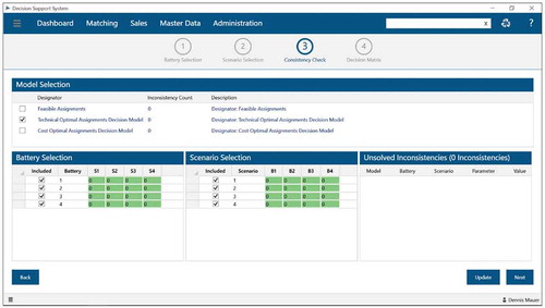 Figure 5. User interface of the consistency component for identifying eligible decision models (intelligence phase)