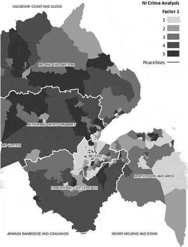Figure 2. Spatial distribution of Factor 1 in the Belfast metropolitan area.