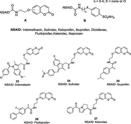 Figure 10. General structures of the COX inhibitor-CAI hybrids A and B, and several coumarin–NSAIDs hybrids of type 23–27.