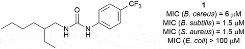 Figure 1. Structure of compound 1 and its minimum inhibitory concentrations (MIC) against a variety of bacterial species.