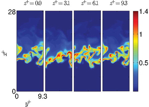 Figure 9 Contours of for case B at .