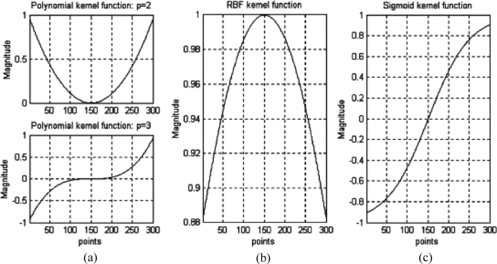 FIGURE 3 The kernel functions: (a) polynomial function with p = 2 and 3; (b) RBF function; and (c) sigmoid function.