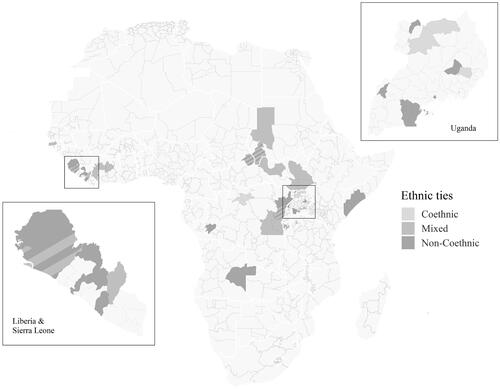 Figure 1. Map of Africa with overlap of ethnic ties and sexual violence.