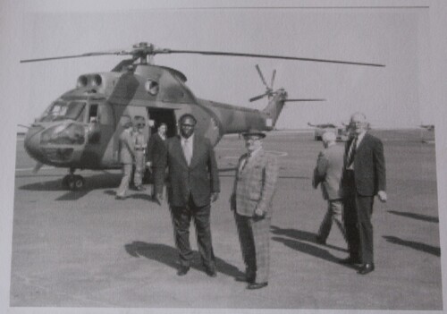 Figure 2. Departing on a helicopter tour of Soweto in August 1976 (Left to right: South African Police General G. Prinsloo; Minister of Cooperation and Development Piet Koornhof Okumu; Minister of Justice, Police, and Prisoners Jimmy Kruger; South African Police General Mike Geldenhuys; and Bureau of State Security Director-General H.J. van den Bergh) (‘The African Option’, 114; used with the permission of Washington Okumu)