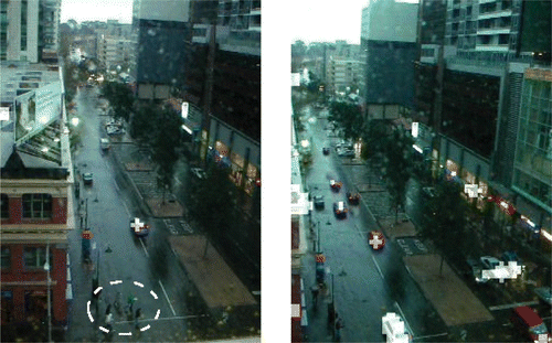 Figure 13. Two sample output frames: moving camera scenario under raining condition. Source: Photograph by the author.