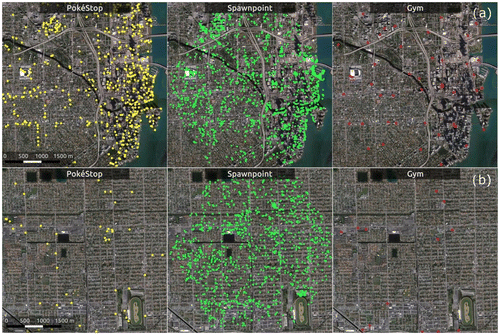 Figure 1. Pokémon-related point data-sets (a) around Downtown Miami and (b) in Hialeah.