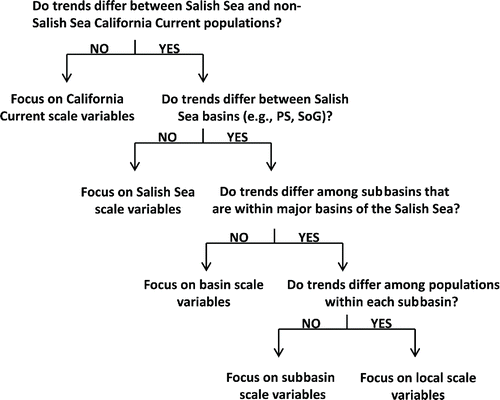 FIGURE 2. Decision tree showing the series of dichotomous questions regarding survival patterns that are used to infer an appropriate scale for considering environmental variables associated with the observed patterns (SoG = Strait of Georgia, PS = Puget Sound).