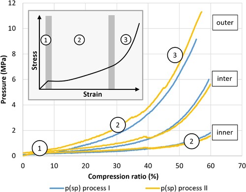 Figure 12. Relationship between the specific pressure p(sp) and the continuous compression ratio of the stronger compressed boards (60% cr). The diagram in the figure shows a typical stress–strain curve of a cellular material during compression with the three phases: 1. Linear elastic, 2. Cellular collapse and 3. Densification; cf. Ashby (Citation1983).