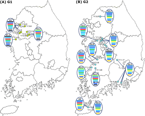 Fig. 4 Locations of isolation of H7-subtype low pathogenicity (LP) influenza A viruses (IAVs) from wild bird habitats in the Republic of Korea during the winter of 2016–2017.The light green and blue circles indicate the locations where the G1 (a) and G2 (b) subgroups of the H7 LPIAVs were isolated from wild bird habitats, and the associated collection dates are indicated. The IAVs are represented by ovals containing horizontal bars for the eight gene segments (from top to bottom, PB2, PB1, PA, HA, NP, NA, MP, and NS). The different colors represent different virus lineages. Genotypes G1 and G2 were subgroups within cluster II of group C of H7 LPIAVs