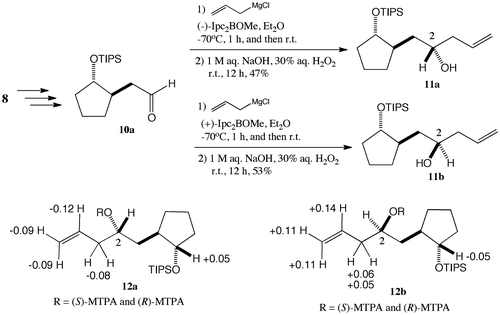 Scheme 2. Determination of stereochemistry of allyl alcohols 11a and 11b. Chemical shift differences (ΔδS−R) of (S)- and (R)-MTPA 12a and 12b.