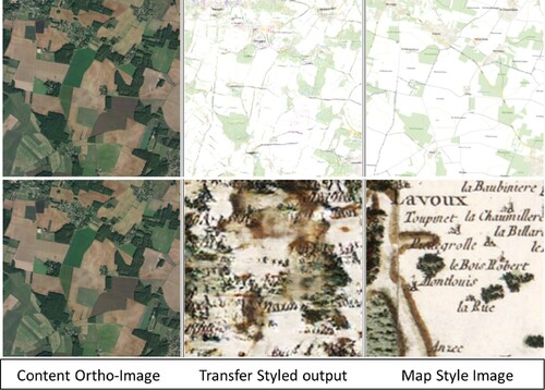 Figure 4. Pix2Pix: map style transfer to ortho-imagery (Plan (1), Cassini (2)).