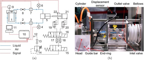 Figure 2. (a) Schematic overview of the experimental system. 1-water tank, 2,8-ball valve, 3,7-flow meter, 4,6-pressure sensor, 5-test pump, 9-thermal sensor, 10-data acquisition card, 11-computer, 12-air source, 13-switch, 14-pressure regulator, 15-solenoid on-off valve, 16-solenoid directional valve, 17,18-silencer, 19,20-quick exhaust valve, 21-cylinder, 22-laser displacement sensor. (b) Photography of the test pump containing a close-up view of the check valve at the bottom left.