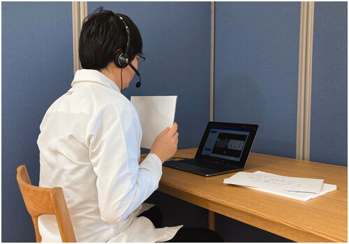 Figure 2. Case 2: Telerehabilitation session using cue cards. The therapist gave instructions to the patient by presenting him with cue cards during the video call.