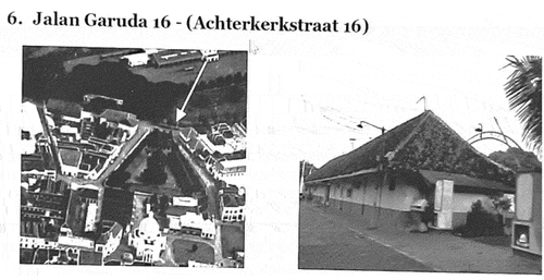 Figure 3. The image on the left is the location of the military dormitory based on the 1787 map. The image on the right is the front view of the present military police dormitory, which once was used as a dormitory for VOC soldiers. The location of this dormitory is at Garuda Street No. 16 (formerly: Achterkerkstraat No. 16). Source: Yuliati, Citation2020.