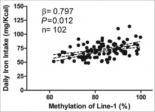 Figure 1. Linear regression model showing association between daily iron intake (refined by calories - residue method)Citation21 and LINE-1 methylation (%) after adjustment for smoking and gender. The dotted lines represent the confidence interval limit (95% CI).