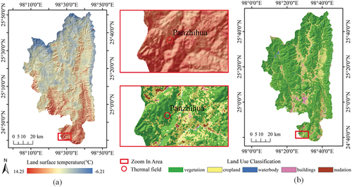 Figure 7. (A) Spatial pattern of Night-LST; (b) Classification of land cover based on Random Forest classification. The two images in the middle are detailed enlargements of the areas indicated.