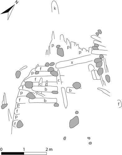 Figure 3. Site plan of the exposed part of the Dyngö cog, showing the presumed bow area of the vessel. The letters mark the various constructional features that have been recorded on the wreck, whereby k = keel; p = planking; f = floor timber; c = ceiling plank; b = maststep buttress, and x = crossbeam (?). Based on a preliminary photogrammetric model produced in 2021 by Jens Lindström, Nordic Maritime Group (Anders Gutehall, Visuell Arkeologi Norden).