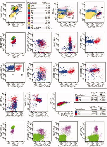 Figure 3. Immunophenotyping of CD19-negative B cells (dark blue events) in normal specimens. Lymphocytes, monocytes, maturing granulocytes, and nucleated red blood cells were gated according to the SSC-A/CD45 dot plots in the P2 gate. Rough B-cell gates were set by SSc-A/cCD79a and SSc-A/CD19. B cells circled with a CD19 gate (rose red) accounted for 0.17% of the nuclear cells. Lymphocytes (green) accounted for 4.75% of the nuclear cells. P4 gates were B cells circled with cCD79a, showing CD19-negative cCD79a positive B cells in blue and CD19-positive cCD79a positive B cells in red after CAR T-cell therapy.