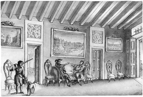 Fig. 2. Interior Scene with Two Gentlemen Seated in a Hall Hung with Venetian Paintings, A Hunter and His Dog Standing to the Left. North Italian School from the eighteenth century. Oil on canvas. On the walls of this room, most likely a sala or portego, are views of Venice at Carnival time after Canaletto. (Private collection. Image reproduced courtesy of Sotheby's.)