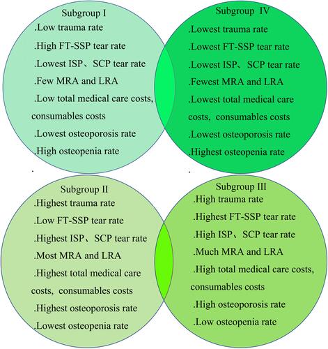 Figure 8 Summary of clinical features, BMD features, and medical care costs among four subgroups.